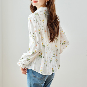 Lace Lapel Long Sleeve Shirt <strong>Women's</strong> Summer New Elegant Lady Pure Cotton Embroidery Shirt - Product Image 4