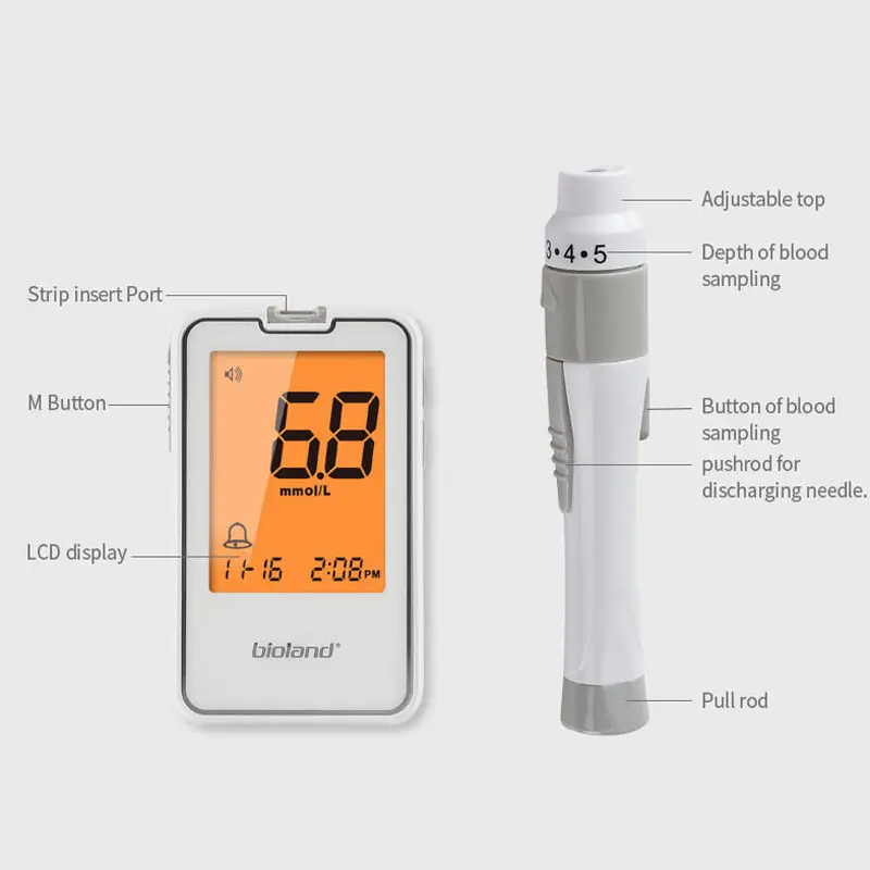 Bioland Monitor Glukosa Darah Digital Suara Bersertifikat CE Penguji Gula Darah Cek Cepat dengan Strip Tes 100 Buah