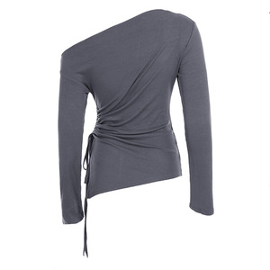 Camiseta de Manga Larga para Mujer, Estilo Casual, Holgada, con Hombros Descubiertos, Cintura Ajustable con Cordón, Color Sólido, para Vacaciones - Product Image 5