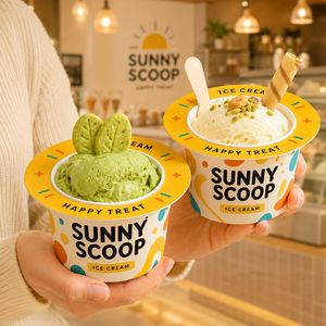 ถ้วยไอศกรีมกระดาษสีเหลืองแบบกำหนดเอง ขอบกว้าง สำหรับเจลาโต ซันเดย์ ของหวาน โยเกิร์ต บรรจุภัณฑ์ร้านค้า ขายส่ง - Product Image 3