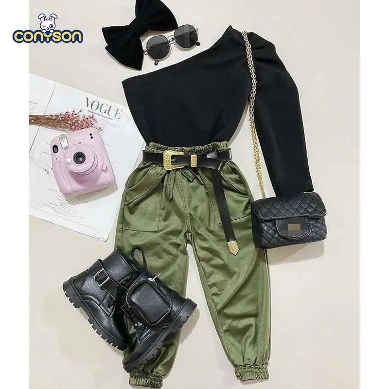 Conyson 2pcs Fashion Autumn Kids Girls Clothes Sets Long Sleeve One Shoulder Solid Tops Elastic Pants Outfits Kids Clothing