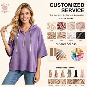Sudadera con capucha extragrande de media cremallera y manga tres cuartos, corte holgado, informal, con servicio de personalización disponible para mujer - Product Image 1