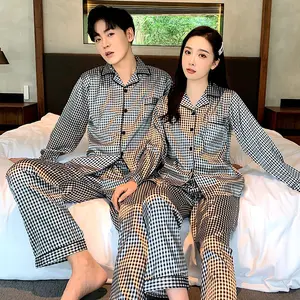 Simulação de casal de seda para homens e mulheres, pijama coreano de manga comprida com lapela, cardigan para homens e mulheres, gelo, seda, outono, casa, servi