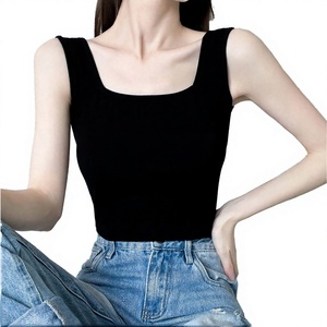 Women Knitted Square Collar Sleeveless <b>Tank</b> <b>Top</b> Casual Solid Color <b>Black</b> Crop <b>Top</b> - Product Image 4