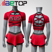 Service OEM personnalisé : Ensemble d'uniformes de cheerleading en strass, comprenant un crop top à manches courtes et dos croisé, une jupe et un short, en Polyester Spandex, avec logo d'équipe