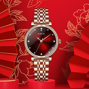 Montre à quartz pour femme MIGE en acier inoxydable or rose avec lunette sertie de diamants et cadran analogique, bracelet élégant et luxueux - Product Image 6