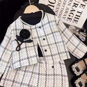 Ensemble robe fille printemps automne, col rond, à carreaux avec fleur rose + jupe courte, 2 pièces pour ensemble de vêtements fille - Product Image 5