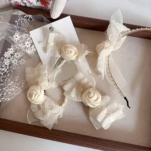 Chất lượng cao màu be Màu hoa hồng Clip tóc cho cô gái đẹp ren Bow Flora quan hệ tóc và headband cho trẻ em