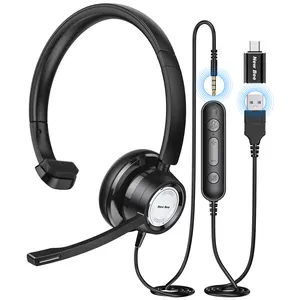 Wholesale New Bee H365 Usb C 3.5mm Single Ear Headphones Wired Mono Headset Monaural Office Call Center Headset