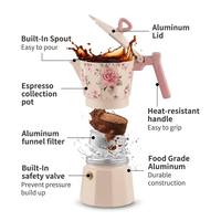 Ensemble de cafetière Moka en aluminium à motif personnalisé avec 2 tasses en céramique, thème floral français, vente en gros, coffret cadeau boutique, cadeaux en vrac, OEM