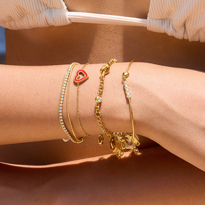 Stainless Steel <b>Bracelet</b> Gold Tone Heart Shape Channel <b>Set</b> White Diamond Gift Jewelry - Product Image 2