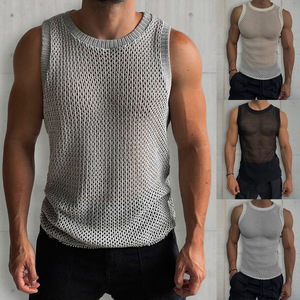Chaleco sin mangas de punto calado para hombre, cuello redondo, ajuste ceñido, estilo camiseta sin mangas, color liso, malla, blanco roto, gris, negro, tallas M L - Product Image 5