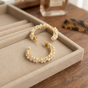 Créoles en acier inoxydable plaqué or 24K/18K faites à la main, tendance, classiques, avec perles, pour femmes, vente en gros, expédition immédiate, en vrac - Product Image 3