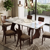 Table à manger en verre de luxe moderne, motif marbre imprimé en 3D, pieds en bois massif courbés, structure en métal, rectangulaire, pour la maison et l'hôtel