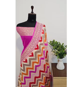 Traditional Digital Printed Polyester <b>Saree</b> With Zigzag Pattern <b>For</b> <b>Women</b> India Pakistan Wedding Wear Floor Length Regular Fit - Product Image 3