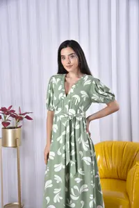 V-neck Women Lady Elegant Loose Dress Green Casual Bohemian Floral Printed Belted Large Swing Full Length Maxi Dress For Women