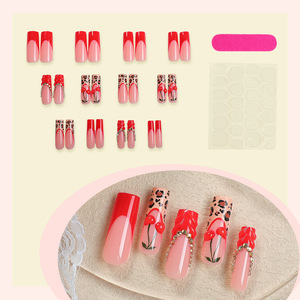 <span class=keywords><strong>Faux</strong></span> ongles longs en forme de cercueil, style Baddie, motif cerise 3D, léopard rouge, réutilisables, à presser, avec strass - Product Image 6