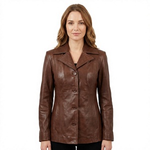 Brown Genuine <b>Leather</b> Women's <b>Blazer</b> Turn-down Collar Zipper Closure Full Sleeve Solid Woven Winter Summer Autumn Wear - Product Image 2