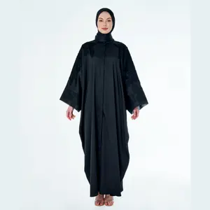 SIPO Eid New Abaya Duba Muslim Women Dress Ruffle Design Rhinestone Islamic Clothing Black Open Abaya Modest Dress