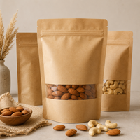 Sachets d'emballage en papier kraft pour noix, pochettes personnalisées à fond plat avec fenêtre transparente pour amandes, noix de cajou, snacks, vente en gros pour marques