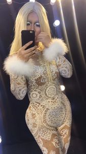 Sexy Long Sleeves White <strong>Lace</strong> Crystal Show Dancer One Piece Bodysuit Women <strong>Rompers</strong> Female Birthday Party Club Rhinestone Jumpsuit - Product Image 5