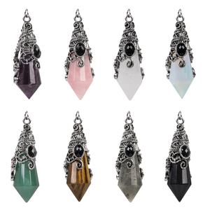 Nouveauté, artisanat en résine de cristal de pierres précieuses naturelles, incrusté d'argent ancien, pendentif conique à 12 faces, pendule, artisanat DIY - Product Image 1