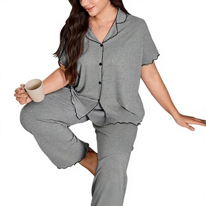 Women Customizable Breathable High Quality Pajama Set Short Sleeve V Neck Sleepwear Two Piece Lounge Set Knitted Jersey Homewear - Product Image 3