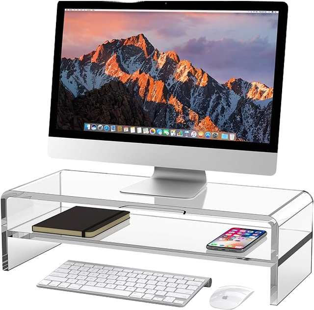 2-Tier Clear Acrylic Monitor Stand Riser High Computer Desk Organizer Shelf Multi Media PC Storage Laptop Display Racks