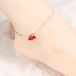 Fashion Beach Design Stainless Steel Red Beaded Charm Ankle Bracelet Rose Gold Plating Lucky Beads Anklet