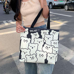 Women's Fashion Cute Cartoon Bear Design Canvas <b>Tote</b> Bag Polyester Casual Large-Capacity <b>Zip</b> Closure Single Strap Shoulder Bag - Product Image 3