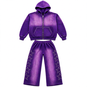 Ensemble de survêtement dégradé violet pour homme avec étoiles en strass, sweat à capuche zippé et pantalon large, streetwear décontracté d'hiver - Product Image 1