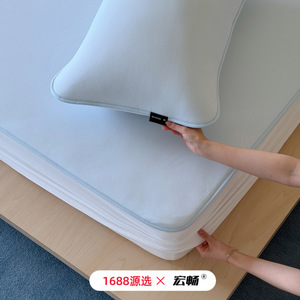 Hongchang Ice <b>Silk</b> Fitted <b>Sheet</b> 1.2m 1.5m 1.8m Cooling Summer Bedding Set Light Oxygen Blue Simple Style - Product Image 5