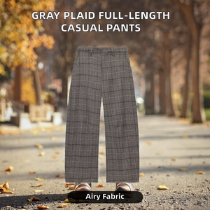 Gray <b>Plaid</b> Women Trousers Full Length Straight <b>Pants</b> Casual Bottoms for Autumn - Product Image 2