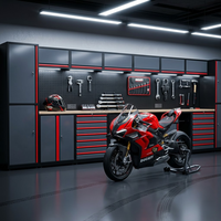 Armoire à outils professionnelle modulaire pour garage de course, système de rangement avec établi, garniture rouge et éclairage LED