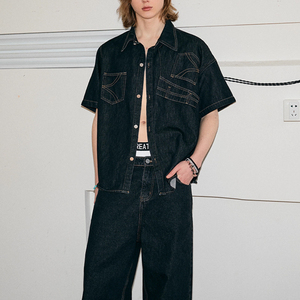 Pantalon inversé personnalisé avec chemise à manches courtes en jean dépareillé Chemise en jean noir Blouses pour femmes Chemises - Product Image 5