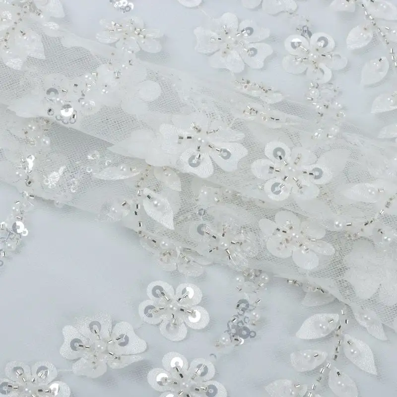 New style 100% polyester 3D fancy sequins beads embroidered tulle net fabric for dress