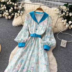 Robe décontractée d'été à manches lanternes florales, coupe ajustée, taille haute, style A, pour femmes de bureau - Product Image 6