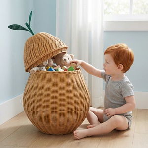 Panier de rangement ovale en rotin tressé à la main, vintage, brun foncé, léger, écologique, pliable, avec couvercle, grande capacité, multi-usages - Product Image 1