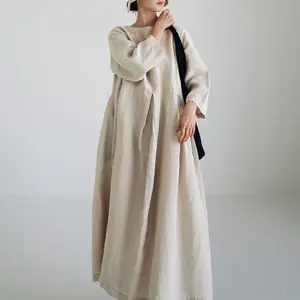 Custom Women Maxi Linen Dress Natural Cotton Linen Solid Color Long Sleeve Women Linen Dresses