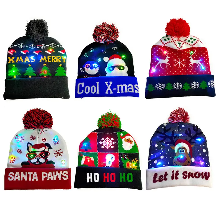 customize MERRY Christmas LED with Light Knit knittedh hat Santa Snowman ELK Elasticity Warm Hat Adult Kids Xmas Party Hats
