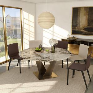 Set Tavolo da Pranzo di Lusso Design Turco, Moderno ed Economico, con 4 Sedie, Tavolo Rotondo in Marmo per Sala da Pranzo - Product Image 3