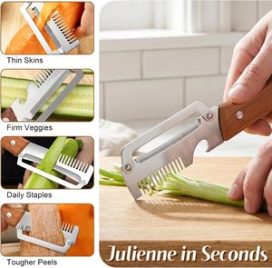 Pelador de Verduras 3 en 1 Mejorado con Mango de Madera, Abrebotellas y Rallador de Acero Inoxidable para Frutas y Patatas - Product Image 3