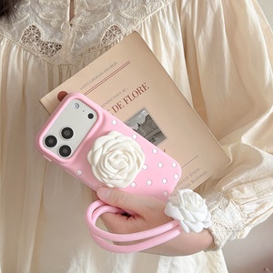 Funda de silicona suave con soporte plegable de flor de rosa y diseño de lunares <span class=keywords><strong>para</strong></span> iPhone 17 16 15 14 13 Pro Max con correa de muñeca - Product Image 5