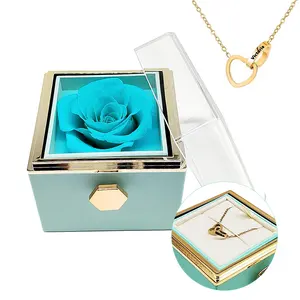 2023 New Preserved Flower Acrylic Violet Rose Rotating Gift Box Eternal Rose Necklace Jewelry Box for Valentine Wedding Propos