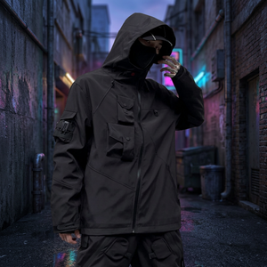 For Vintage Multi Pocket Mens Hooded Windbreaker <b>Jacket</b> OEM Custom Logo Black <b>Techwear</b> Buckled Zip Cargo Softshell <b>Jacket</b> - Product Image 1