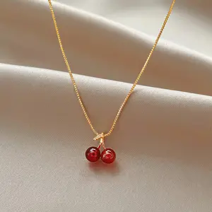 Cute Design 18k Real Gold Plated Korean Design Cherry Pendant Necklace Set