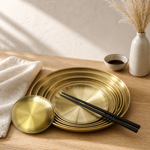 Koreaanse stijl ronde roestvrijstalen gouden serveerschotels metalen dinerbord decoratief dienblad - Product Image 3