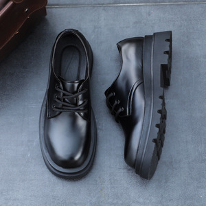 Mocassins pour hommes en cuir véritable, à enfiler, bout carré, minimalistes, à semelle épaisse, rehaussants, noirs, pour le travail et décontractés - Product Image 5