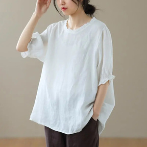 Women's Loose Linen T-Shirt Purple Ruffled Collar Everyday Wear - Product Image 2
