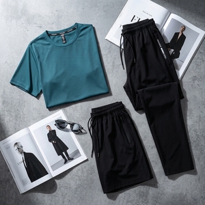 Completo Sportivo da Uomo Primaverile in Maglia di Poliestere Effetto <span class=keywords><strong>Seta</strong></span> Ghiaccio, 3 Pezzi: T-Shirt, Pantaloni Lunghi e Tuta Traspirante ad Asciugatura Rapida, Taglie Forti, Casual - Product Image 2